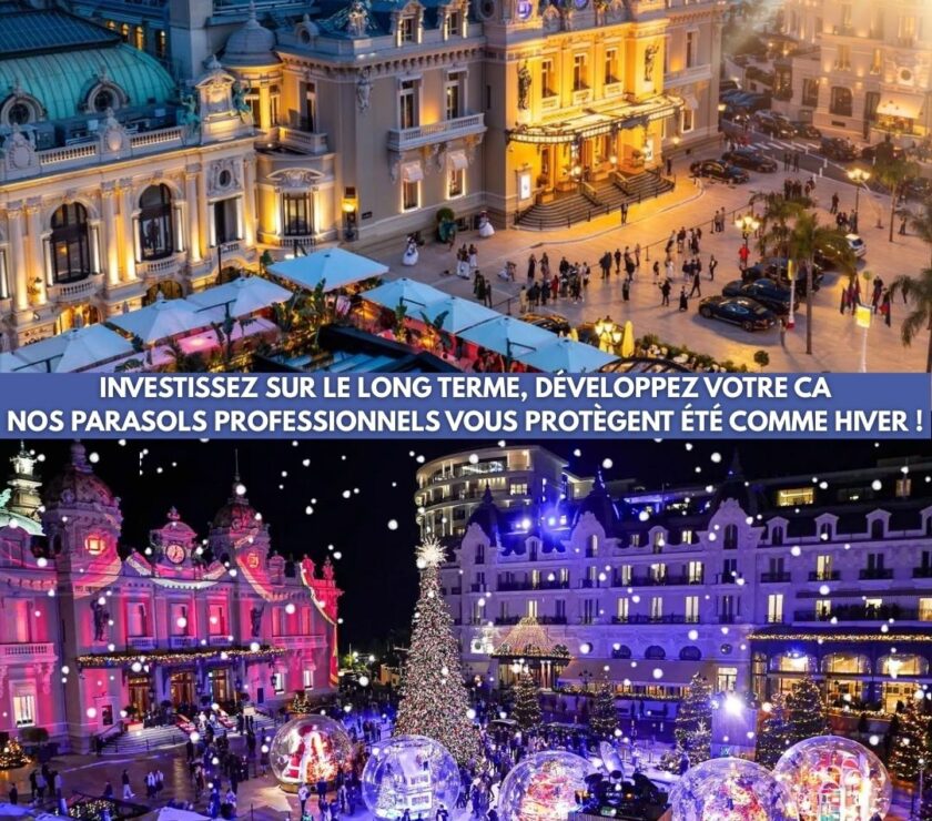 Photo d'une terrasse de restaurant avec des parasol professionnels qui résistent toute l'anée