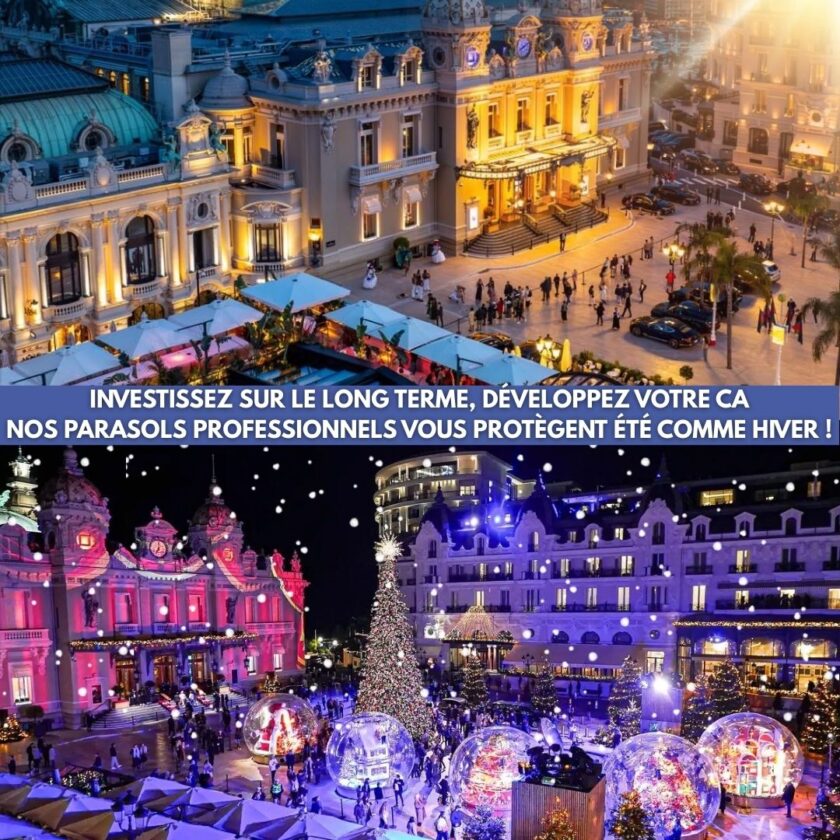 Photo d'une terrasse de restaurant avec des parasol professionnels qui résistent toute l'anée