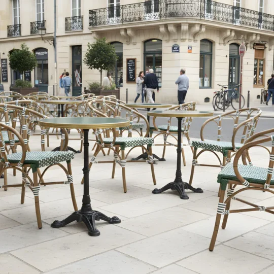 Image d'une terrasse de restaurant avec les fauteuils VIchy
