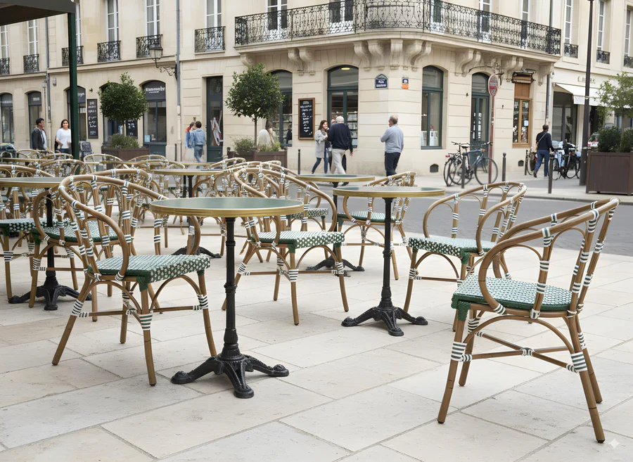 Image d'une terrasse de restaurant avec les fauteuils VIchy