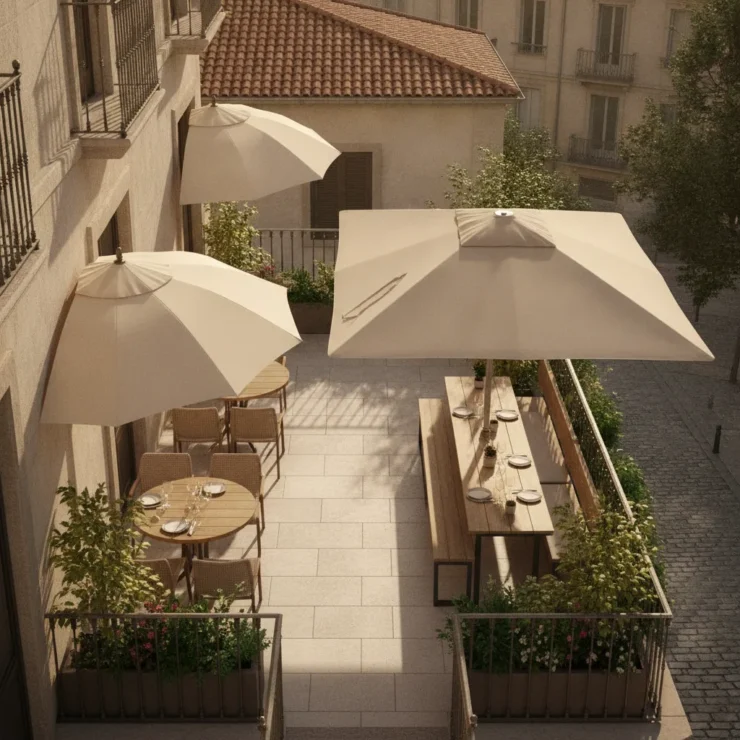 Parasol mural vs déporté pour petite terrasse | E-TERRASSES - parasol mural vs deporte petite terrasse