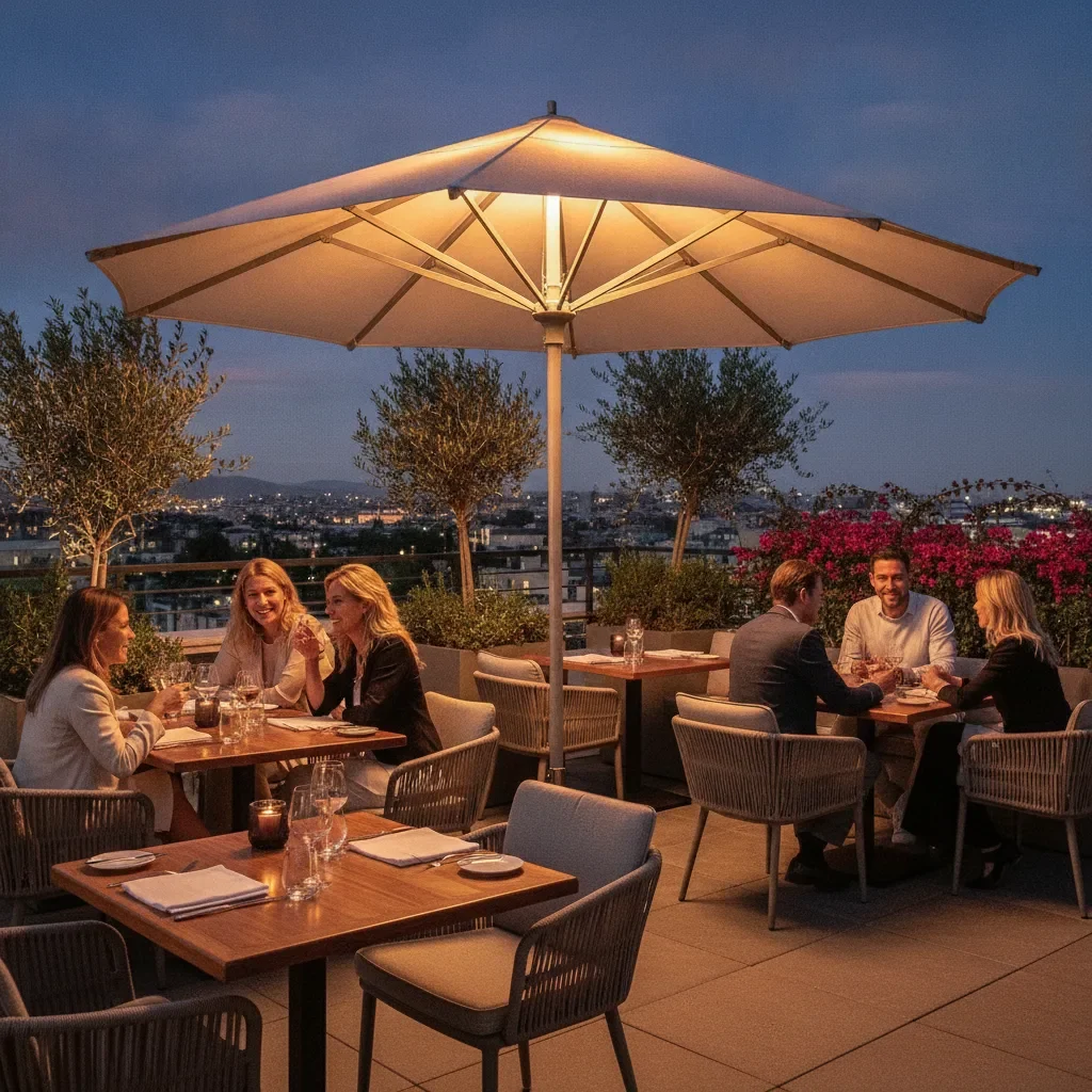 Parasol Chauffant Intégré – Chaleur & Design | E-TERRASSES - parasol chauffant integre