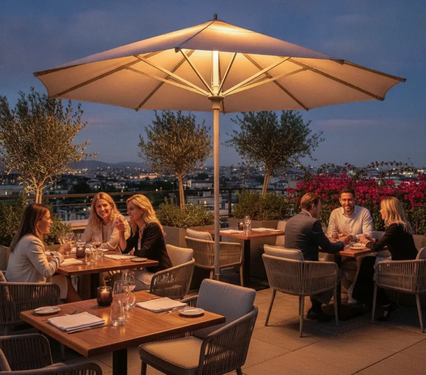 Parasol Chauffant Intégré – Chaleur & Design | E-TERRASSES - parasol chauffant integre