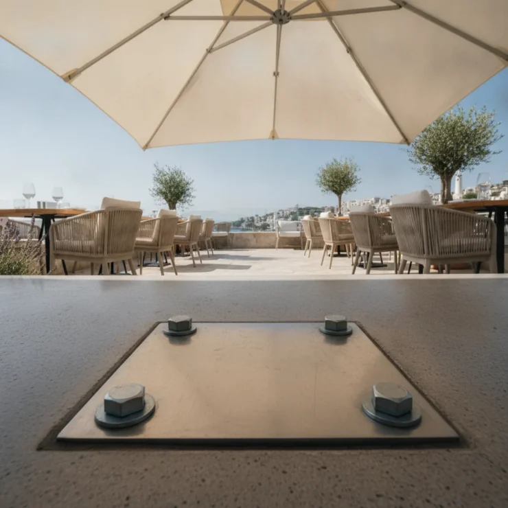 Ancrage parasol professionnel – socle, platine ou fourreau - ancrage parasol professionnel