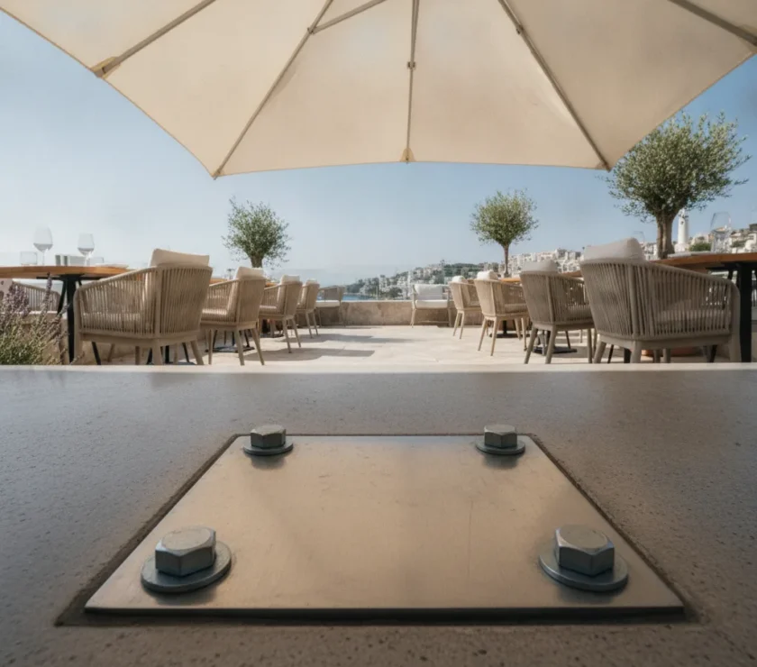 Ancrage parasol professionnel – socle, platine ou fourreau - ancrage parasol professionnel