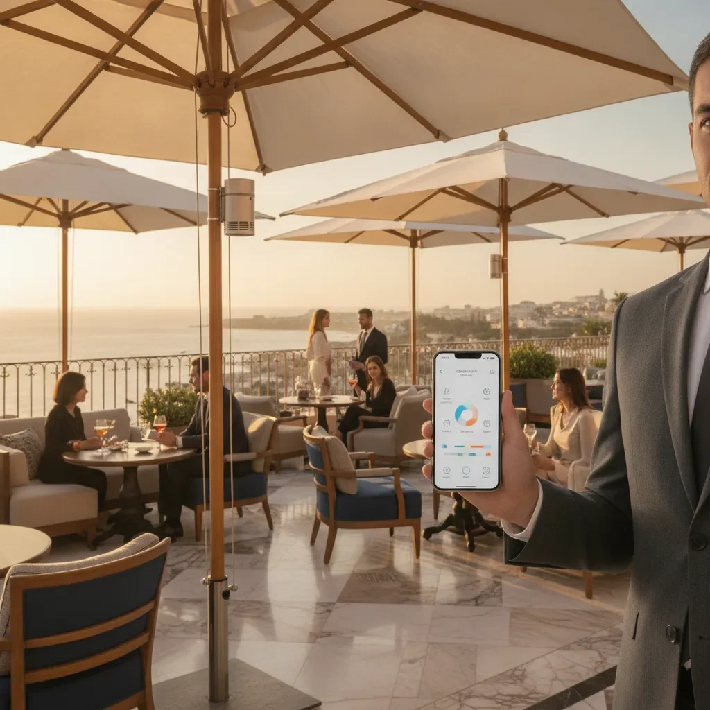 Parasol connecté – avantages pour terrasses CHR 2026 - parasol connecte avantages